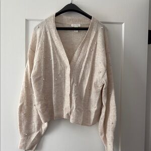 H&M Pearl-Embellished V-Neck Sweater Cardigan - Cream
